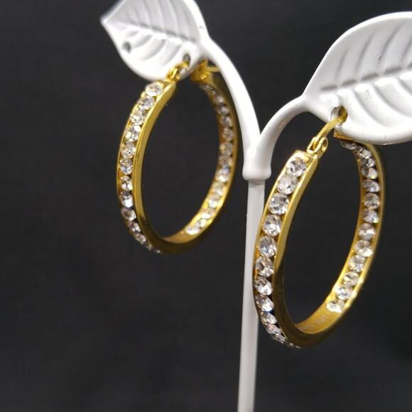 Gold Rhinestone Hoop Earrings 316L Stainless Steel Pierced 1.5" Vintage - Picture 5 of 9